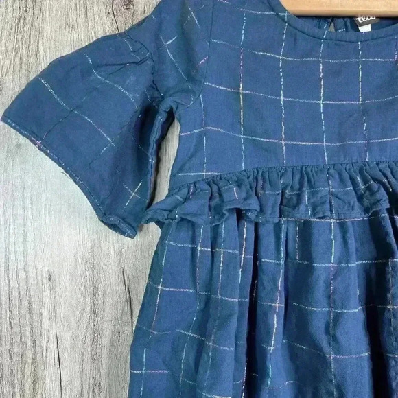 Tea Girls Dress Sz 7 Ruffle Blue with Metallic Thread Flutter Sleeve Cotton - Picture 3 of 8